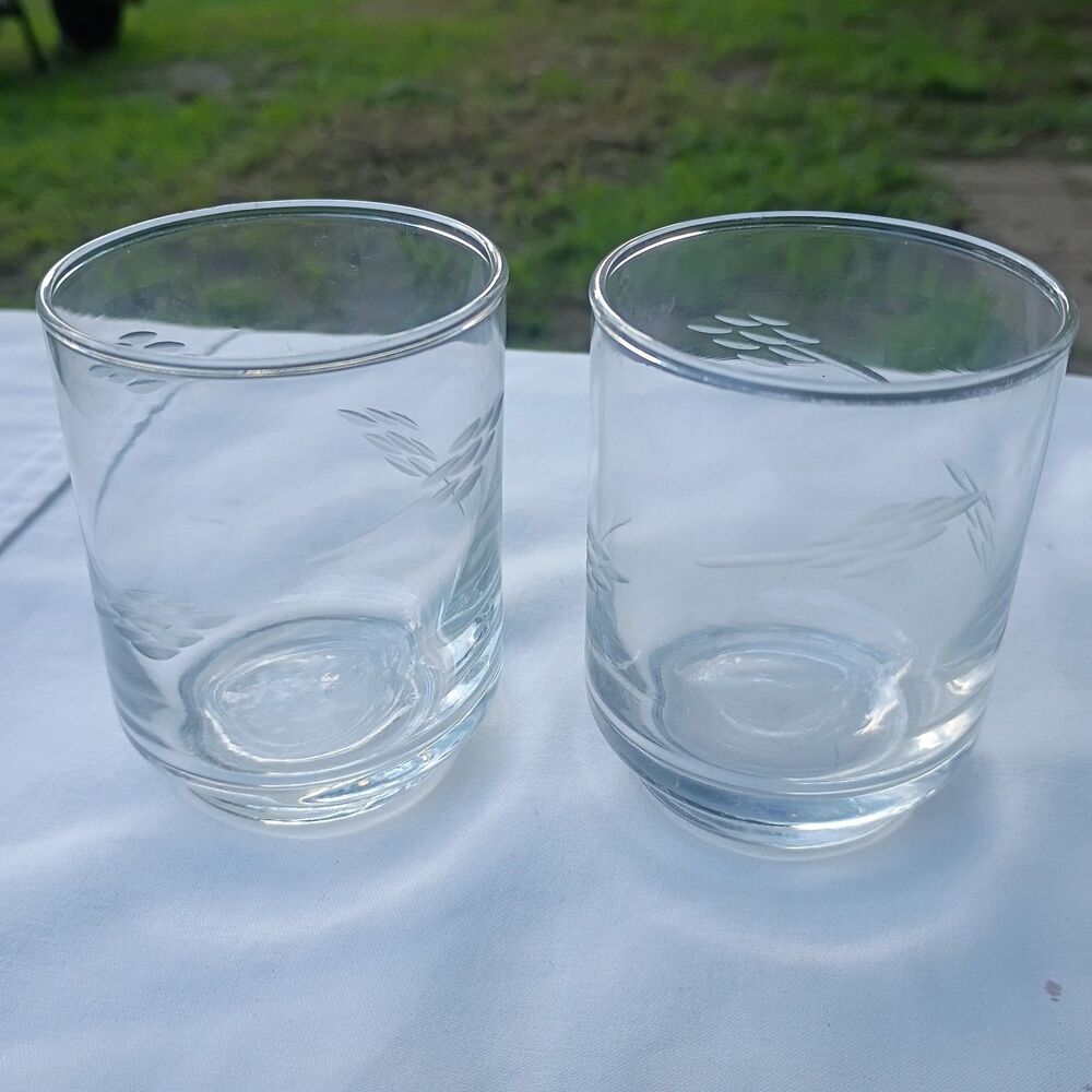 VINTAGE 2 PRINCESS HOUSE CLEAR GLASS ETCHED FOOTED PUNCH CUPS 3" TALL